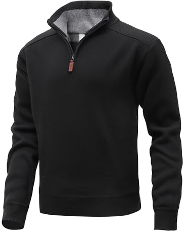 MeiLayM Herren Strickpullover mit Stehkragen Pullover Herren Strickpullover Fleece Gefüttert Winterpullover Feinstrick Sweatshirt Langarm Leichter Arbeitspullover mit Reißverschluss Schwarz,XXL