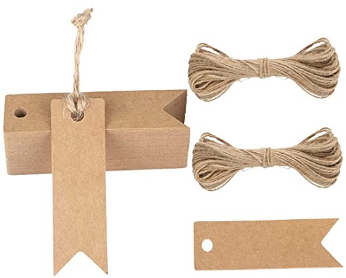 100 Stück Schnuranhänger kleine Geschenkanhänger aus Kraftpapier 7x2 cm Mini Etiketten aus blankem Papier Hochzeitsetiketten Geburtstags Gepäckanhänger braun Hängeetikett mit Juteschnur braun