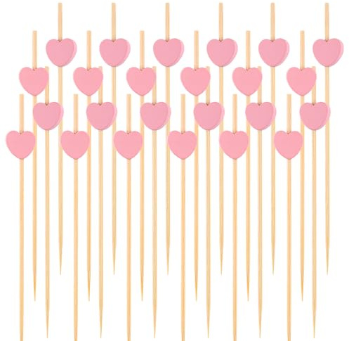 Lot de 100 pics à cocktail en forme de cœur rose de 11,9 cm pour apéritifs, brochettes à cocktail en bambou pour mariage, anniversaire, Saint-Valentin, décoration de fête