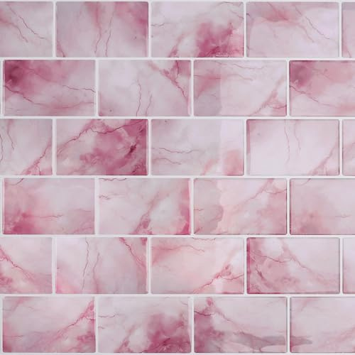 CRE8TIVE 16 Stück Fliesenaufkleber Rosa Marmor Klebefliesen Bad Wasserfest Rechteckig Metro Fliesen Selbstklebend Küchenrückwand Fliesenfolie Wandfliesen Waschküche Küche Duschrückwand 30.5cm x 30.5cm