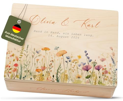 Amari ® Personalisierte Erinnerungsbox aus Holz | Blumenwiese (001.08) | Individuelles Hochzeitsgeschenk Erinnerung Hochzeit Personalisiertes Holzkiste