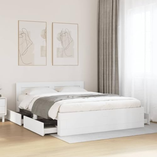 Willood Bettgestell mit Kopfteil Holzwerkstoff Doppelbett lattenrost Bettrahmen Frame Bettrahmen im Schlafzimmer Weiß 160x200 cm