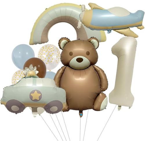 JAHEMU Luftballons Bär Folienballon 1 Jahr Kindergeburtstag Ballons Auto Flugzeug Regenbogen Folienballons Baby Shower Latex Balloons Geburtstagsballons (11 Stück)