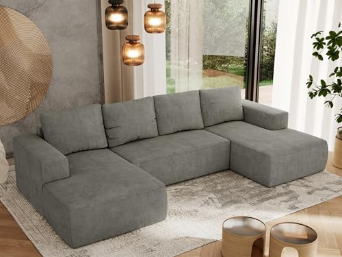 MKS MEBLE Sofa mit Schlaffunktion - Ecksofa mit Schlaffunktion und Bettkasten - Sofa 3 4 5 Sitzer - Schlafsofa - Couch - Schlafsofa mit Bettkasten - Trentino U - Grau Struktur