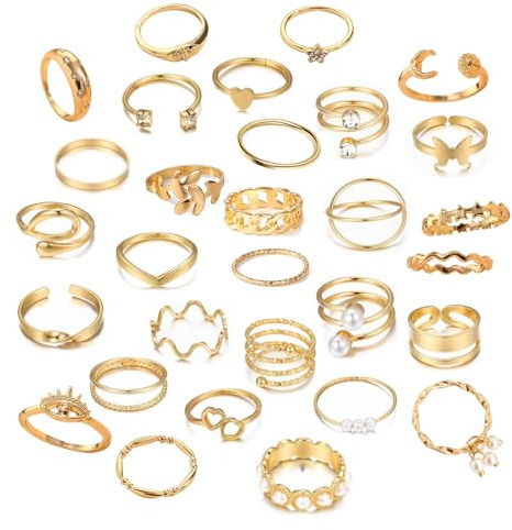 Konxi Gold Verstellbare Ringe Set 29-31 Stück Stapelbare Vintage Ringe Vintage Punk Ring Set für Männer Frauen Boho Chunky Ring Gold Damen (GoldSet-4)