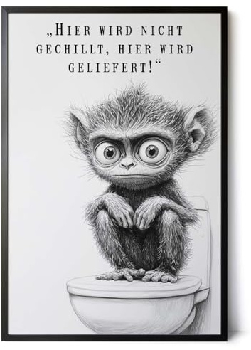 Paul Sinus Poster/Leinwandbild/Rahmenoption – Affe auf Toilette „Hier wird geliefert!“ – Lustige WC-Deko für dein Badezimmer