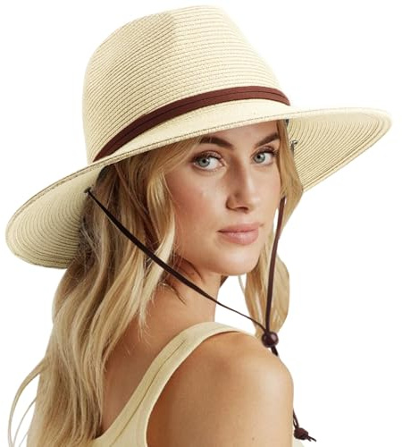 DRESHOW Cappello Panama Donna Cappello da Sole in Paglia a Tesa Larga Cappello di Paglia Regolabile Cappelli da Spiaggia UPF 50+