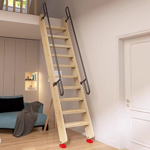 EXCLURA Load-bearing Wood Loft Ladder with Iron Handle, Home Attic Access Stairs with Non-Slip Foot Mats, Climbing Loft Step Ladders for Bunk Bed Ladder(Color 2,7 step-2m (6.6ft))