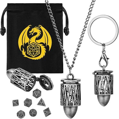 Mini Set di Dadi DND, Portachiavi Portatile, Collana, Gabbia Metallica per Proiettili D20 Cava, 7 pezzi in Metallo Poliedrico Dadi D&D, Regali di DND Sacchetto Regalo, Accessori Giochi, Argento Scuro
