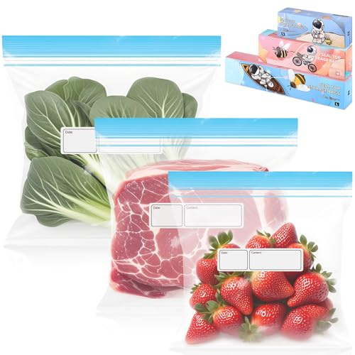 70Pcs Bolsas Congelacion Reutilizables, Bolso Almacenamiento Alimentos 3 Tamaños, Talega Congelador Herméticas Sándwiches, Saco Congelar Sellada Doble para Almacenar Verduras, Bocadillos, Carne, Fruta