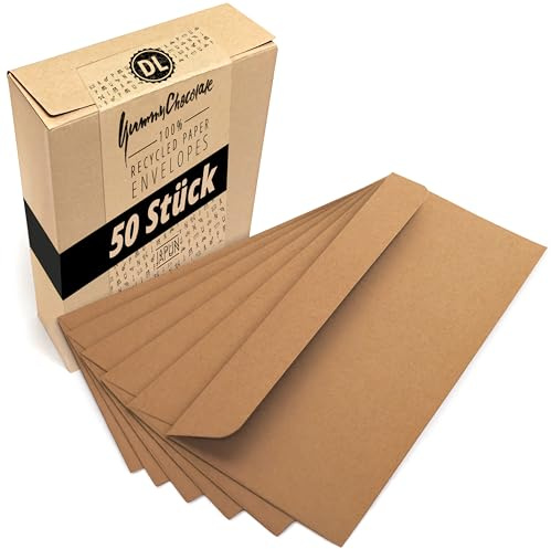 Japun - Briefumschläge (50 Stück) DIN lang, 220 x 110 mm, Kraftpapier braun | Kuvert aus 150 g/m² Papier, langer Umschlag mit Nassklebung ohne Fenster für Einladungen zum Beschriften und Bedrucken