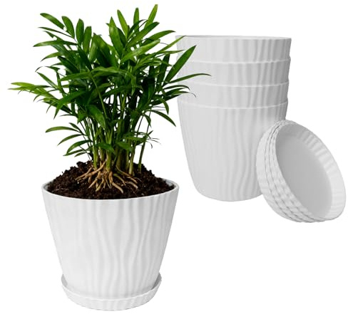 SDLDEER 18cm Plant Pots 5 Pack Plastic White Flower Pots | Plant Pots with Drainage Holes and Saucer, Decorative Water Stripe Grooves Planters for Indoor Outdoor Plants and Flowers