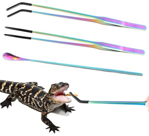 LveSunny 3PCS Stainless Steel Reptile Feeding Tongs, Reptile Tweezers Set with 10.6 Straight & Curved Rubber Tips, Feeding Tongs for Reptiles and Feeding Accessories for Aquarium & Terrarium