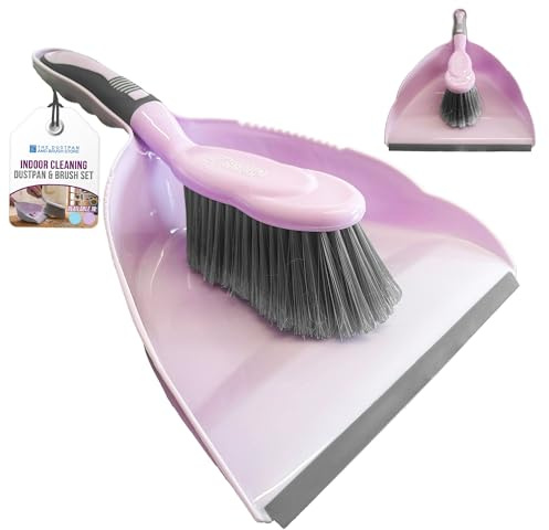 Dustpan and Brush Set Indoor Cleaning Compact Dust Pan and Brush with Soft Bristles & Rubber Lip Pan - Secure Grip Handle Hanging Storage - Lilac