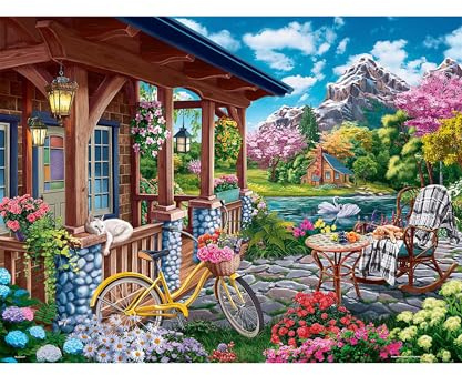 PieceRelax PieceClicks 1000 Teile Puzzle Erwachsene See Image World - Colorful Lake House Berghütte Frühling Blumen Geschenkidee 47,6 x 63,3 cm [U1149]