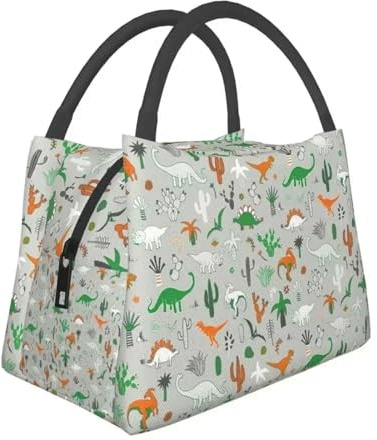 TFDGDGH Dinosaur Desert Insulated Lunch Bag for Women Portable Fun Grey Dino Pattern Thermal Cooler Bento Box Work Picnic
