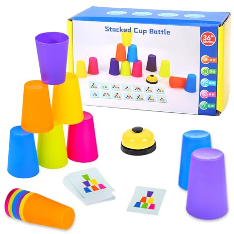 Yhjxly Jeu de gobelets empilables pour le sport, lot de gobelets à empiler rapidement, avec 12 gobelets de vitesse, 50 cartes et 1 sonnette d'appel, jeu d'empilage de gobelets pour adultes et enfants