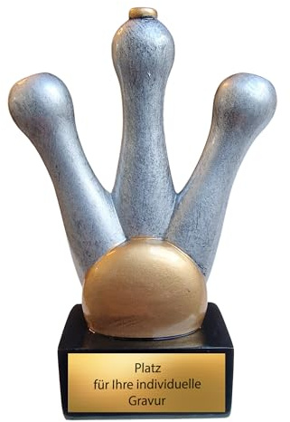 Kegeln Pokal 12 cm aus Resin - Trophäe mit Kegel & Kugel - Sport Award | Stilvolle Auszeichnung für Vereine und Turniere, ca. 140 g leicht, inklusive montiertem Gravurschild für Wunschtexte.