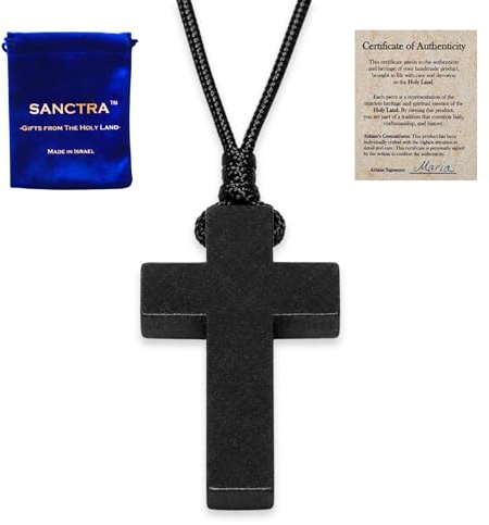 SANCTRA Collier croix en bois pour hommes et femmes, pendentif croix fait main et béni en Terre Sainte, pendentif de foi chrétienne avec pochette cadeau et certificat d'authenticité
