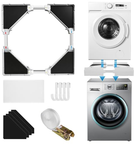 Bellanny Waschmaschinen Zwischenbaurahmen, Universal-Stapelbausatz mit Ratschenseil,Rahmen Waschmaschine Trockner, 53-68cm Einstellbare Größe Verbindungsrahmen Set für Wäschetrockner,schrank Waschturm