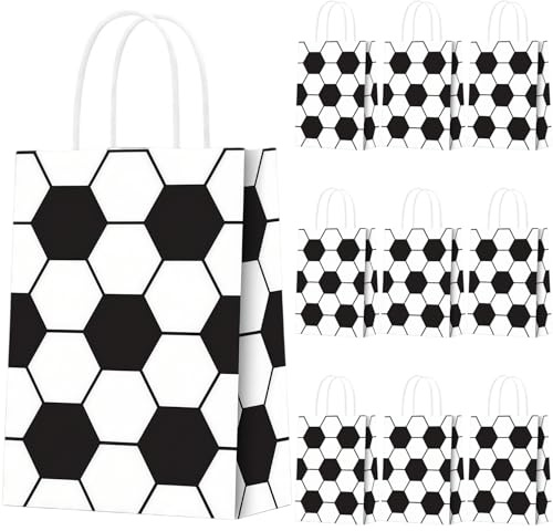10 Stück Fußball Party Taschen, Geschenktüten Papiertüten mit Henkel | Motiven Design mit Schwarzer und weißer Fussball, 21x15x8 cm, Mitgebseltüten zum Fußball party, Giveaways, Kindergeburtstag