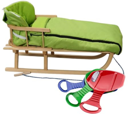 BirnePower Holzschlitten 90cm mit Rückenlehne und Winterfußsack 90cm oder 108cm Komplettset inkl. Zugseil & Gurt, Rodelschlitten aus Buchenholz