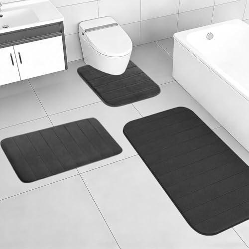 CEWROM Badematte Set 3-teilig aus Memory Foam, Mikrofaser Badezimmerteppich Set, Weiche Memory-Schaum Badematte und U Förmige wc Vorleger, Badezimmer Teppiche U50x60+80x50+120x50cm (Schwarz)