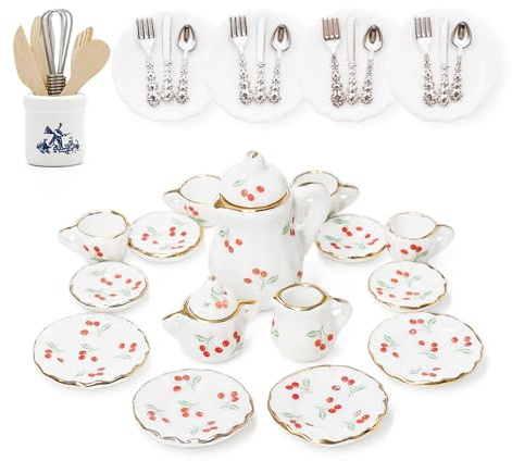 Odoria Dollhouse Miniature Tea Set: 15 Pcs 1/12 Scale Tea Service Plates Cutlery Set and Cooking Supplies for Vintage Kitchen Party Dining Room - Mini Decoration for DIY Collection Models, Cherry