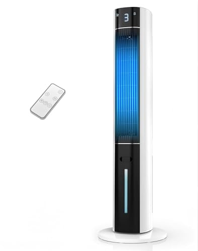 EXNOS Luftkühler mit Wasserkühlung - Turmventilator mit Kühlung Leise, Mobile Klimaanlage ohne Abluftschlauch, 3 Modi-12H Timer-Aroma- Fernbedienung, Weiß-Schwarz