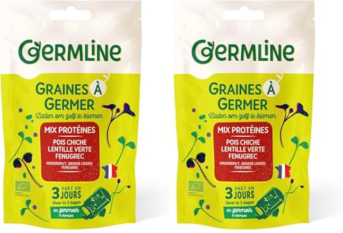 GERM'LINE - Graines à Germer Mix Protéines Bio | Pois Chiche, Lentille & Fenugrec | Riche en Protéines & Fibres | Facile à Cultiver | Sachet 200g | Fabrication Française (Lot de 2)