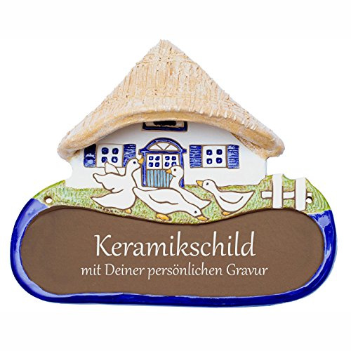 Handarbeit aus Schleswig-Holstein Keramikschild 22,5 x 20,0 cm Motiv Gänse vor Haus (braun)