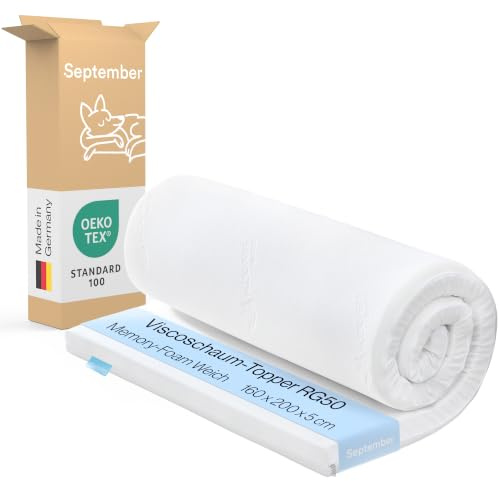 September Viscoschaum Topper 160 x 200 x 5 - RG50 Memory-Foam Weich - Made in Germany - Oeko-Tex - 60° Grad waschbar - 160x200