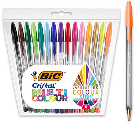 BIC Cristal Multicolour, Penne a Sfera Colorate, Punta Larga 1.6mm, Set Scrittura 15 Unità, Cancelleria Scuola e Ufficio