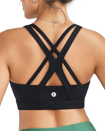 RUNNING GIRL Sports Bra for Women, Criss-Cross Back Padded Strappy Sports Bras Medium Support Yoga Bra with Removable Cups A-Black