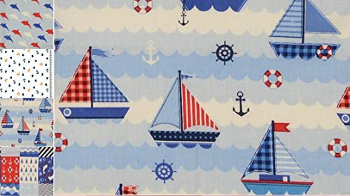 StoffBook Baumwollstoff MARITIM-Muster Baumwolle Popeline Bedruckt Patchwork-Look Stoff, E037 (Weiß/Rot/Blau)