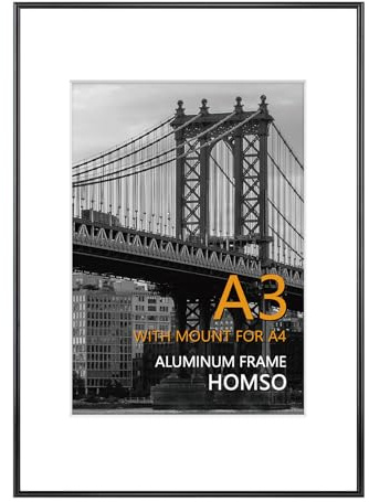 Homso A3 Frame in Black, Metal Thin Board A3 Picture Frame with Acrylic Plexiglass for Pictures A4 with Mat or 11.7 x 16.5 without Mat for Horizontal and Vertical
