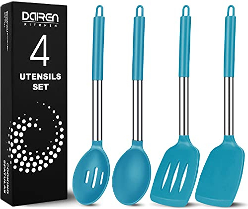 Silicone Cooking Spatulas and Spoons, Stainless Steel Kitchen Utensils Set | BPA Free, Non-stick Heat Resistant Turner for Baking, Fried, Stir-Fry, Serving,4 Pack, Blue