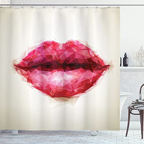 ABAKUHAUS Abstrakte Kunst Duschvorhang, Polygonal Frau Lippen, Stoffliches Gewebe Badezimmerdekorationsset mit Haken, 175 x 180 cm, Eierschalenfarben Dunkle Koralle
