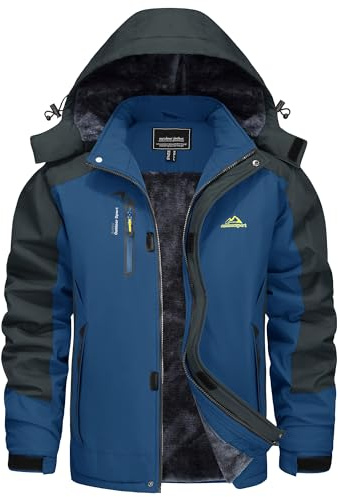 KEFITEVD Vinterjacka herr skidjacka vattentät varm fodrad utomhusjacka med avtagbar huva softshell vinter fleecejacka, Denimblå, XXL