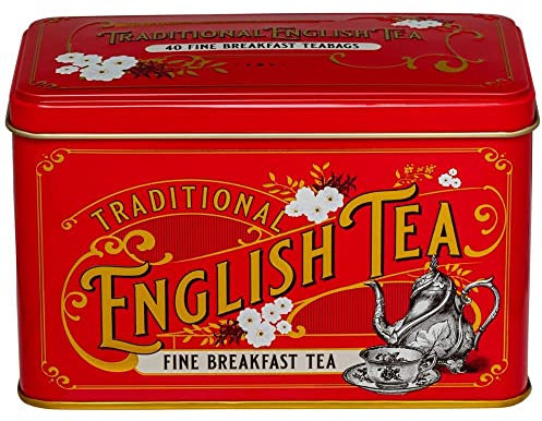 New English Teas Vintage Victorian Tea Tin in Berry-Red with 40 English Breakfast Teabags