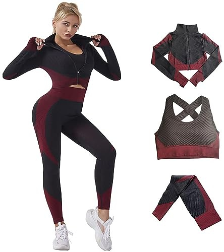 Veriliss Damen 3teiliger Gym Trainingsanzug Nahtlose Laufbekleidung Fitness Kleidung Jogginganzug Reißverschluss Kapuzen Tennis Laufen Set