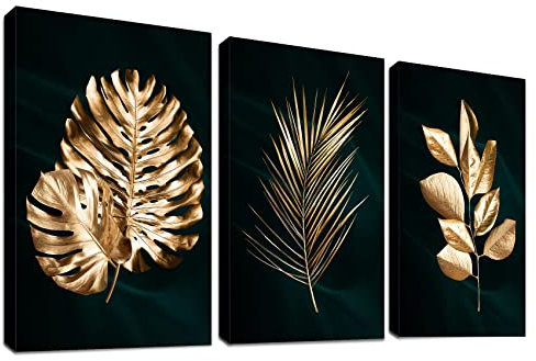 3 Panels Tiefes Grün Mit Rahmen Leinwand Bilder Schwarz Gold Palmblätter Bild auf Leinwand Malerei Poster Wandbilder Wanddeko Wohnzimmer Schlafzimmer Korridor Dekorationen 120x60cm (16x24x3pcs)