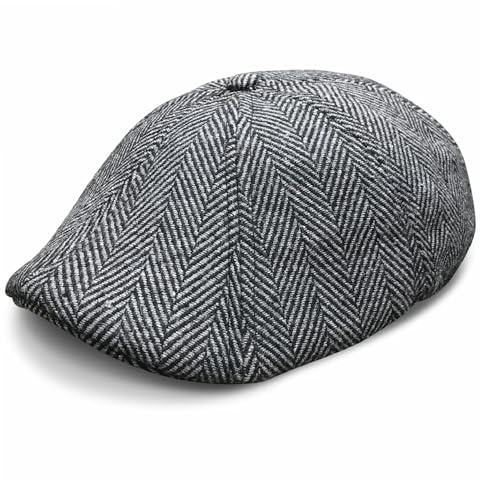The Original Boston Scally Cap - The Peaky Newsboy Flat Cap - 8 Panel Hat for Men - Grey Herringbone - Small