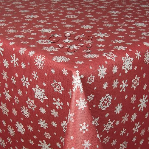 Wachstuch Wachstischdecke Tischdecke Weihnachtstischdecke Größe wählbar Weihnachten Schneeflocken Rot Eckig 140 x 340 cm abwaschbar