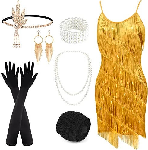 PLULON Abito da donna vintage anni '20 Gatsby con frange con paillettes Abito da cocktail party con accessori anni '20 Set di costumi per ballo di fine anno (oro)