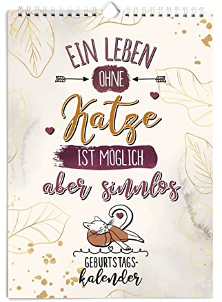 TypeStoff Geburtstagskalender mit Sprüchen zum Thema Katze, Kalender DIN-A4-Hochformat zum Aufhängen mit Spiralbindung - KA-01332