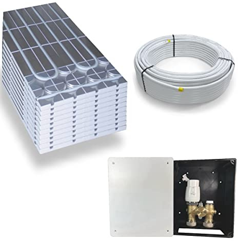 Warmwasser Trockenestrich Fußbodenheizung HoWaTech DRY Komplett Set 5/10m² Dämmplatte 30mm EPS WLG 035 DEO und G-RTL Regelbox, Heizfläche:10.00m²