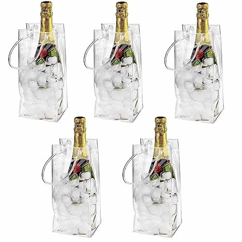 5 Wine Ice Bag, PVC Leakproof Ice Bag Portable Ice Bucket Wine Cooler Bag, Beverage Beer Champagne Bottle Chiller with Carry Handle, Clear Wine Cold Bag for Pubs Restaurant Home Outdoor, 11x11x25cm