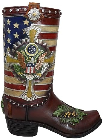 Ebros Gift Rustic Western Country USA American Flag Military Cross Olive Branch Cowboy Boot Decorative Flower Bouquet Vase Or Planter Figurine 9 High Southwestern Centerpiece