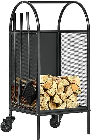 Outsunny Chariot à bois de chauffage avec roues, range-bûches, porte bûches de cheminée, avec accessoires, pelle, balai et tisonnier, foyer, intérieur extérieur, 37,5 x 37,5 x 80 cm noir